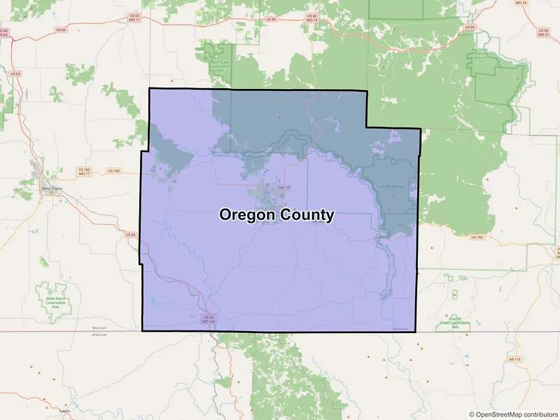 Map of Oregon County, Missouri and ZIP codes