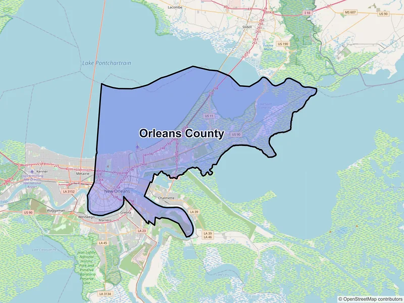 Map of Orleans County, Louisiana and ZIP codes