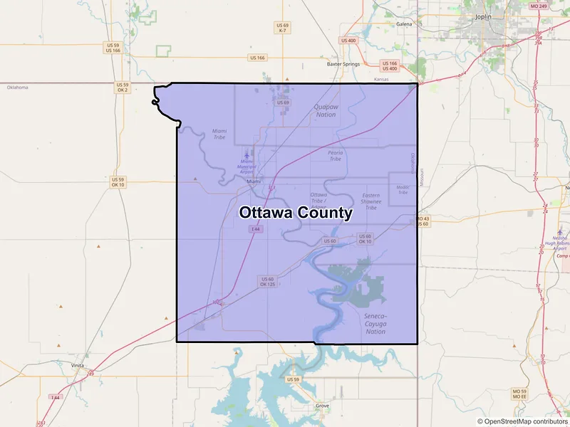 Map of Ottawa County, Oklahoma and ZIP codes