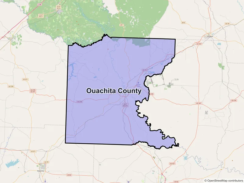 Map of Ouachita County, Arkansas and ZIP codes