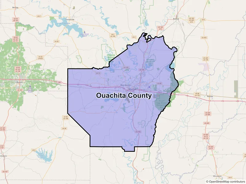 Map of Ouachita County, Louisiana and ZIP codes