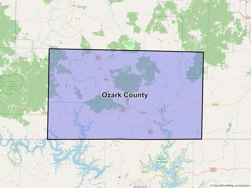 Map of Ozark County, Missouri and ZIP codes