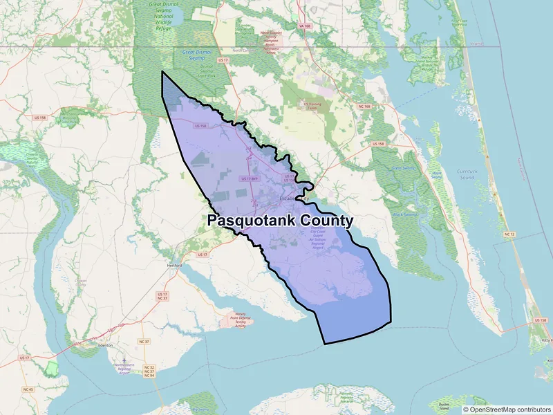 Map of Pasquotank County, North Carolina and ZIP codes