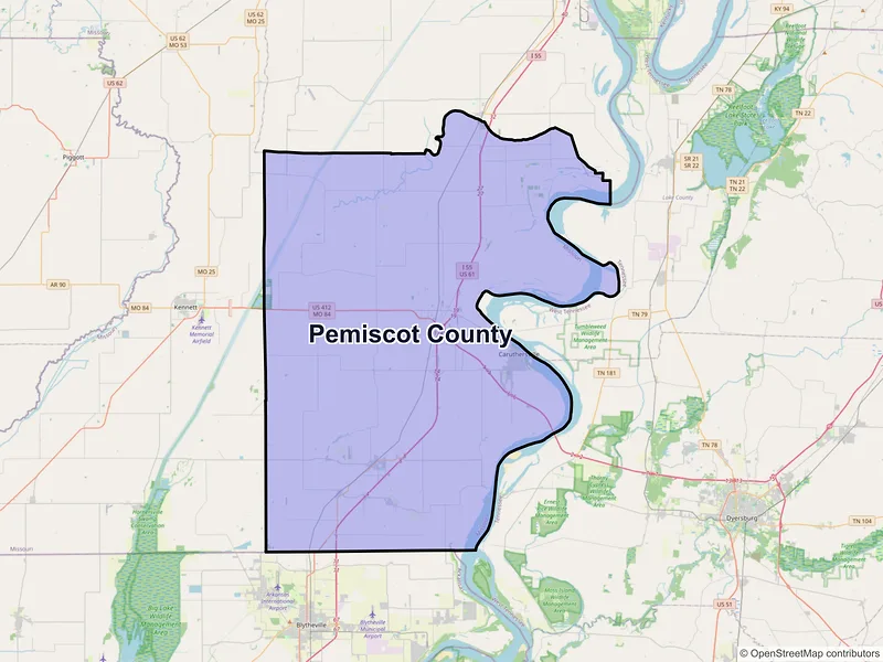 Map of Pemiscot County, Missouri and ZIP codes