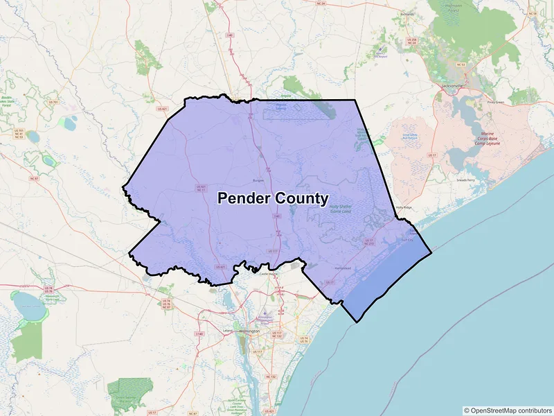 Map of Pender County, North Carolina and ZIP codes