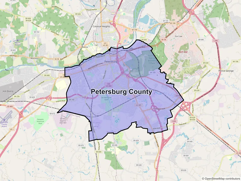 Map of Petersburg County, Virginia and ZIP codes