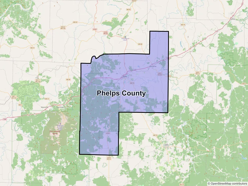Map of Phelps County, Missouri and ZIP codes