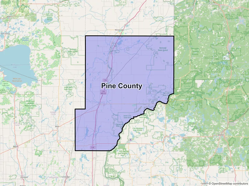 Map of Pine County, Minnesota and ZIP codes