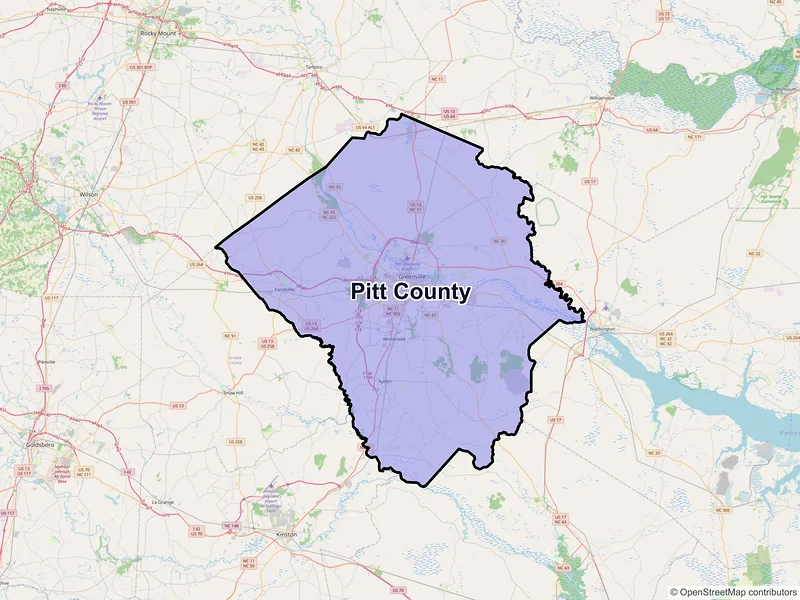 Map of Pitt County, North Carolina and ZIP codes