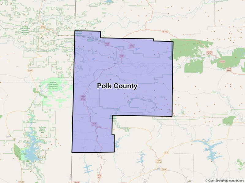Map of Polk County, Arkansas and ZIP codes