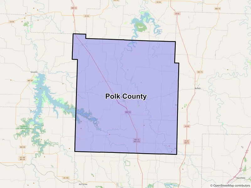 Map of Polk County, Missouri and ZIP codes