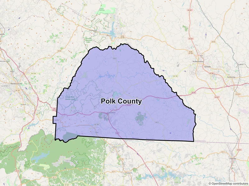Map of Polk County, North Carolina and ZIP codes
