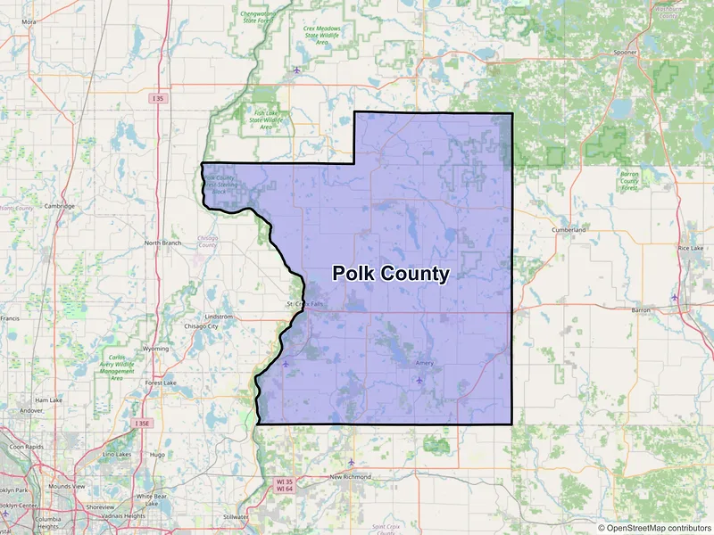 Map of Polk County, Wisconsin and ZIP codes