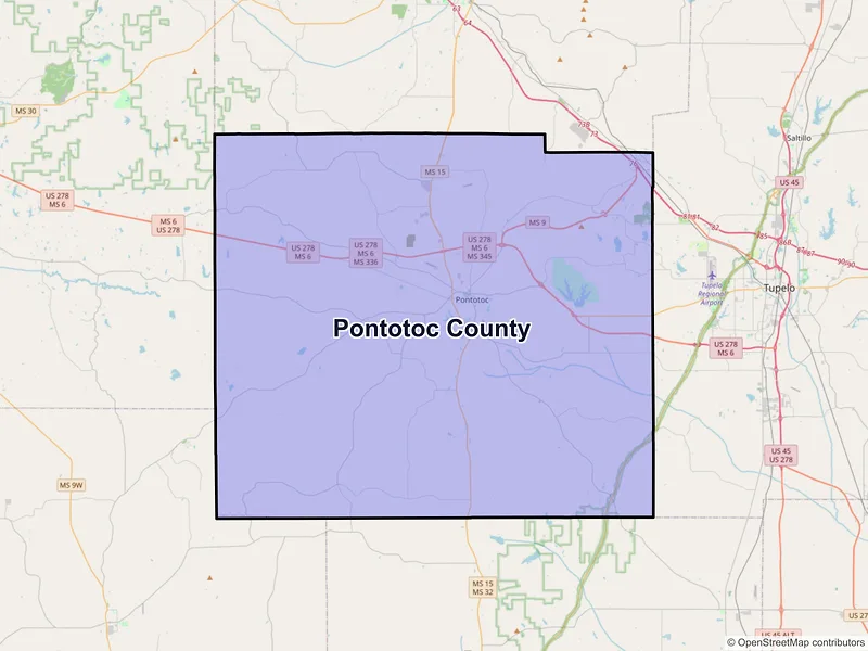 Map of Pontotoc County, Mississippi and ZIP codes