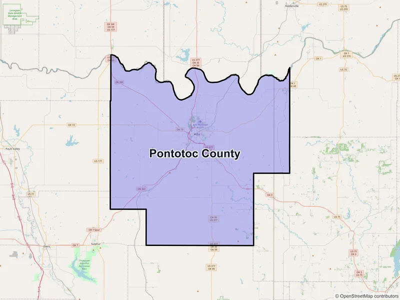 Map of Pontotoc County, Oklahoma and ZIP codes