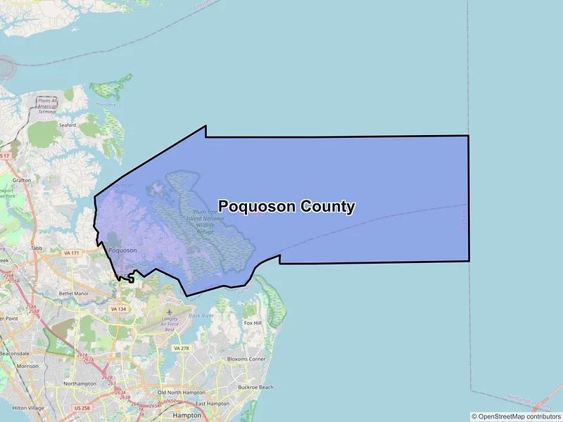 Map of Poquoson County, Virginia and ZIP codes