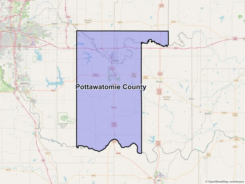 Map of Pottawatomie County, Oklahoma and ZIP codes