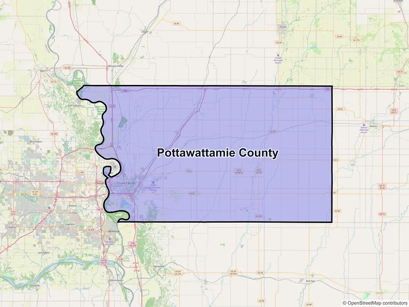 Map of Pottawattamie County, Iowa and ZIP codes