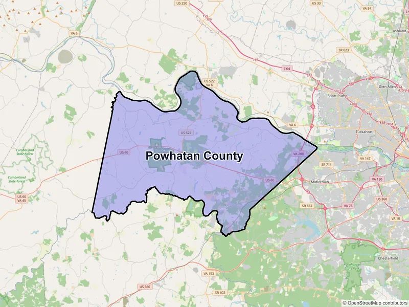 Map of Powhatan County, Virginia and ZIP codes