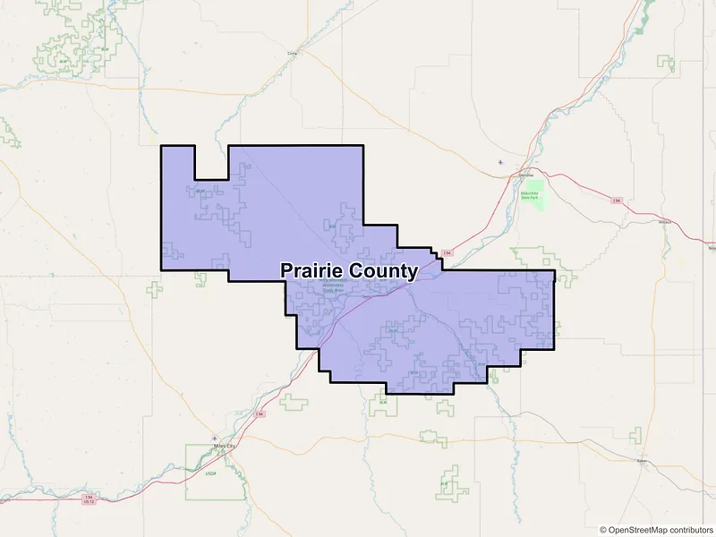 Map of Prairie County, Montana and ZIP codes