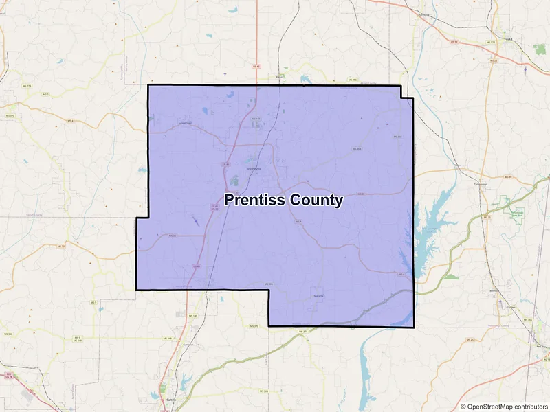Map of Prentiss County, Mississippi and ZIP codes