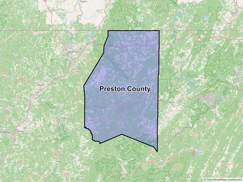 Map of Preston County, West Virginia and ZIP codes