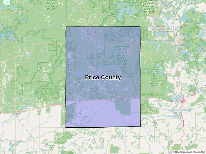 Map of Price County, Wisconsin and ZIP codes
