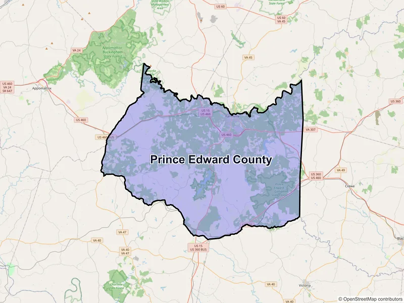 Map of Prince Edward County, Virginia and ZIP codes