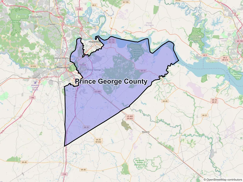 Map of Prince George County, Virginia and ZIP codes