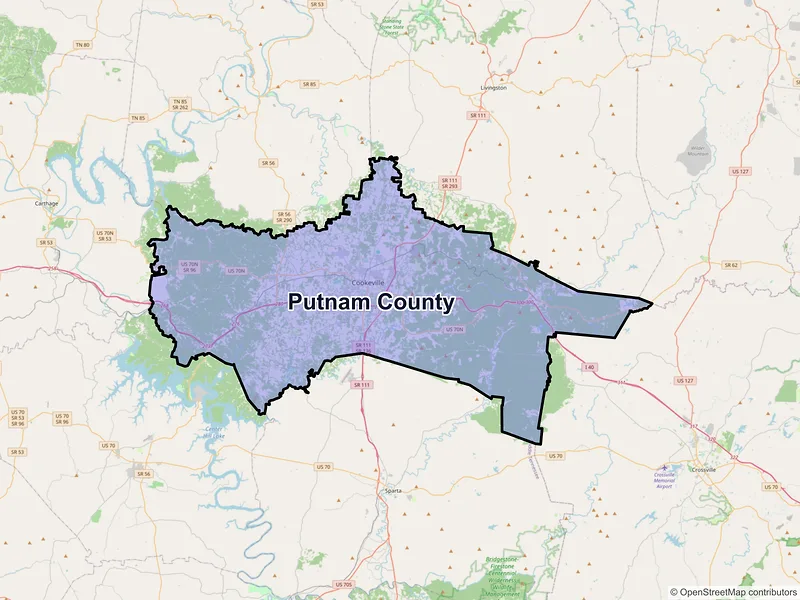 Map of Putnam County, Tennessee and ZIP codes