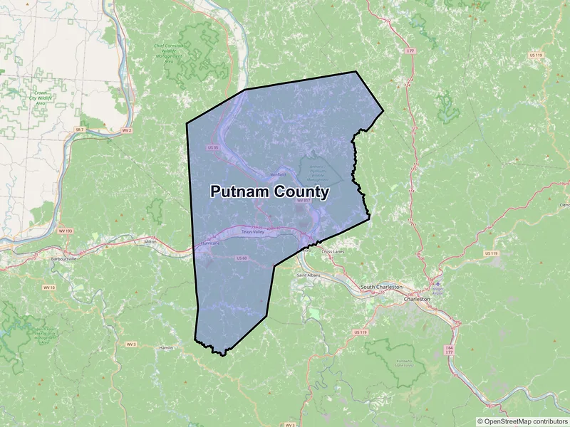 Map of Putnam County, West Virginia and ZIP codes
