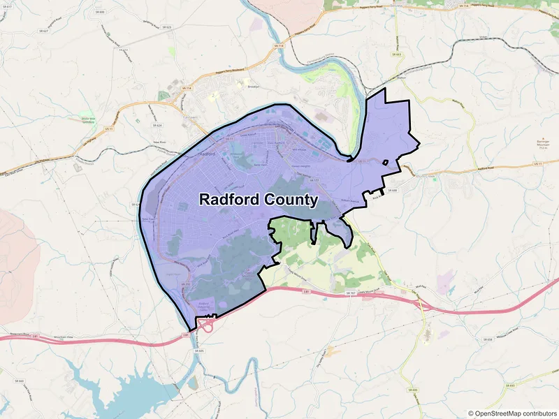 Map of Radford County, Virginia and ZIP codes