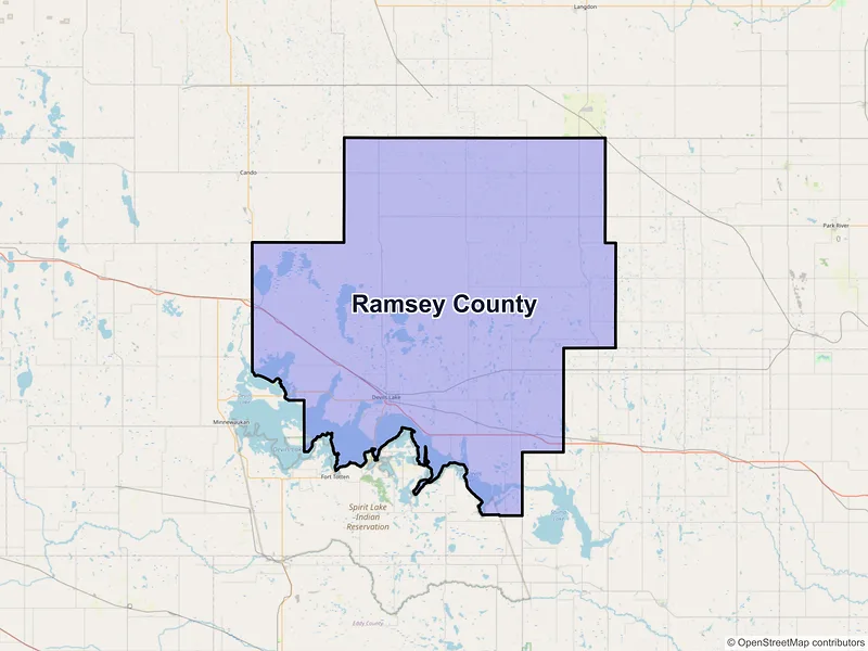 Map of Ramsey County, North Dakota and ZIP codes