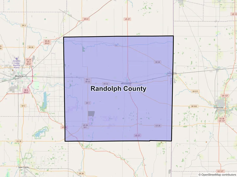 Map of Randolph County, Indiana and ZIP codes