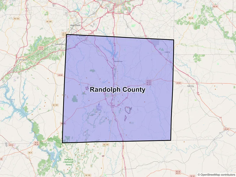 Map of Randolph County, North Carolina and ZIP codes