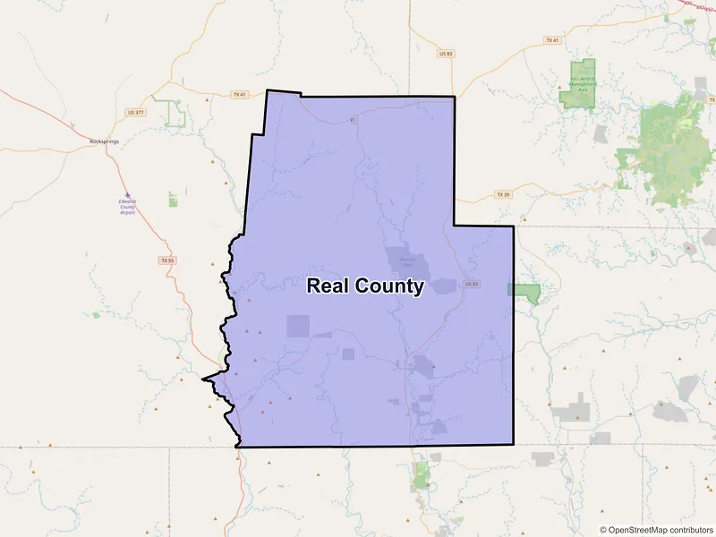 Map of Real County, Texas and ZIP codes