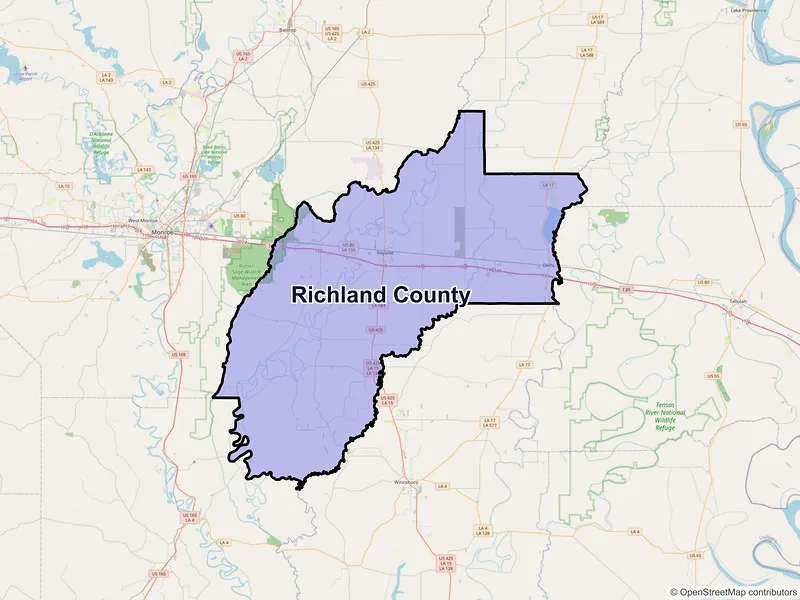 Map of Richland County, Louisiana and ZIP codes