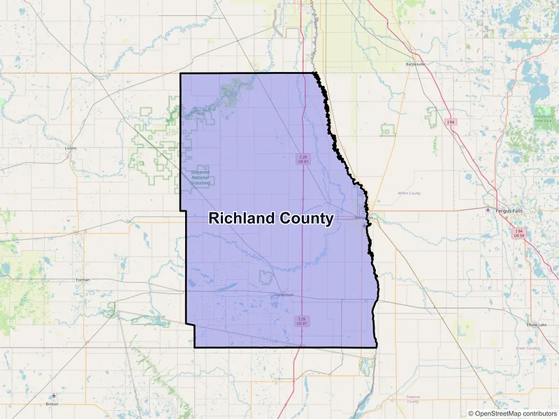 Map of Richland County, North Dakota and ZIP codes