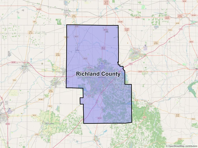 Map of Richland County, Ohio and ZIP codes
