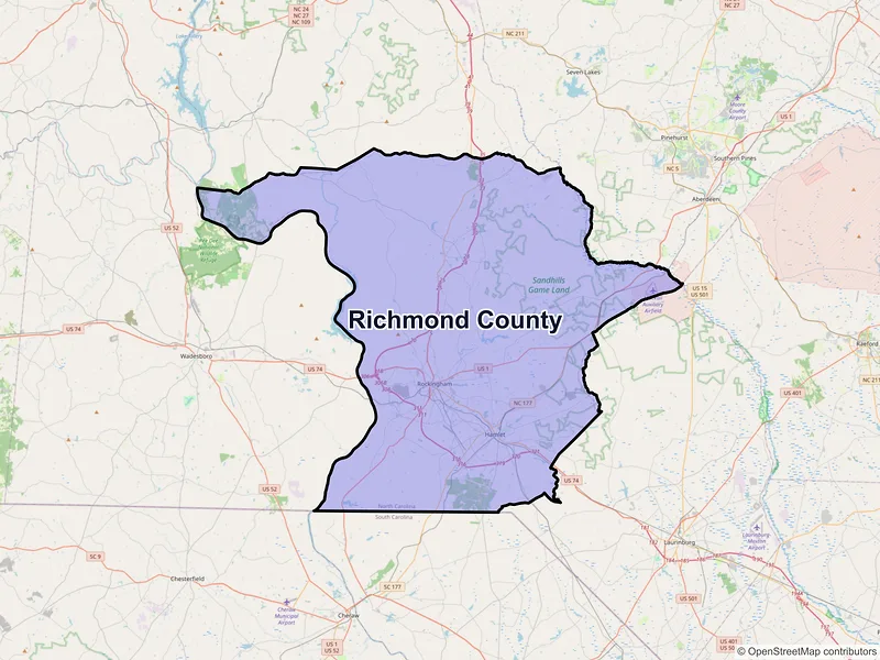 Map of Richmond County, North Carolina and ZIP codes