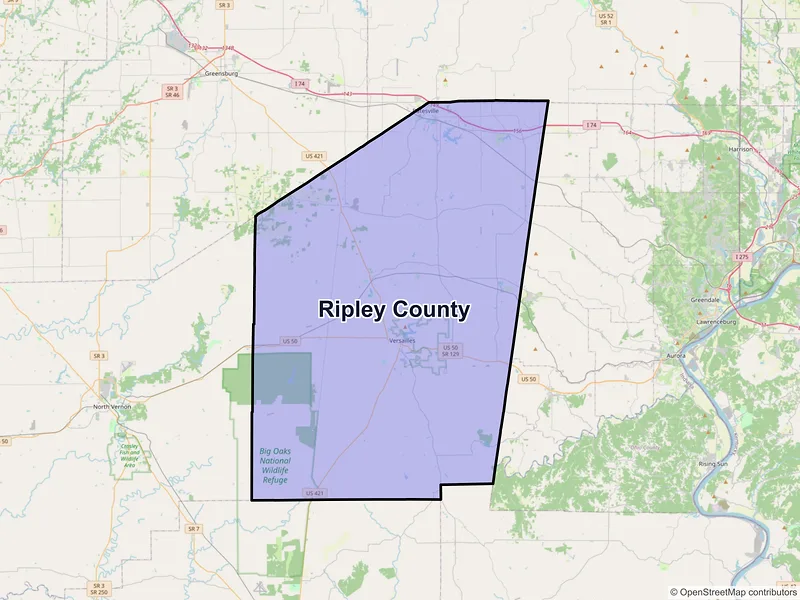 Map of Ripley County, Indiana and ZIP codes