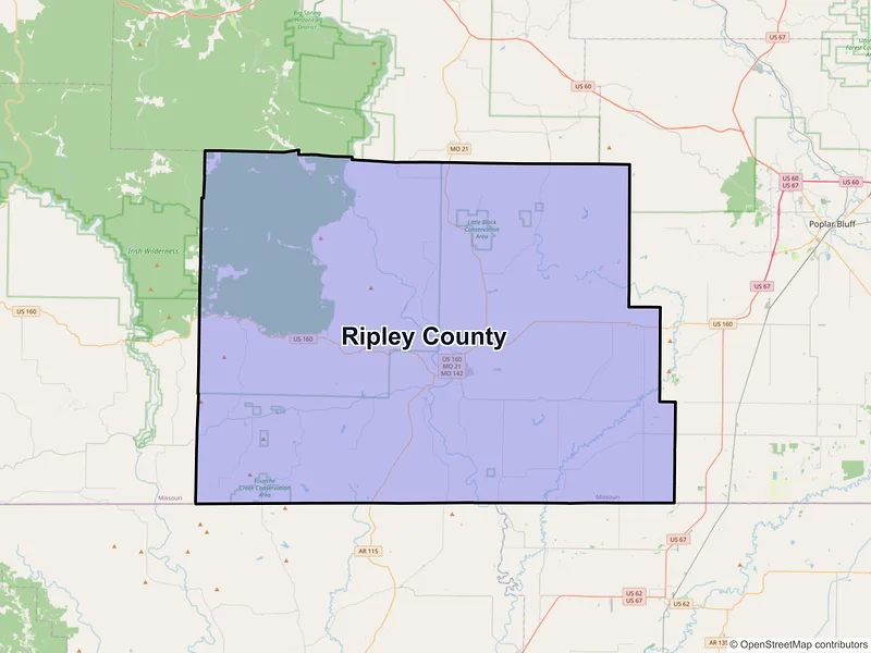 Map of Ripley County, Missouri and ZIP codes
