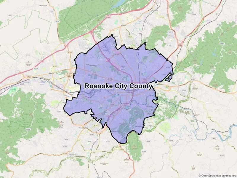 Map of Roanoke County, Virginia and ZIP codes