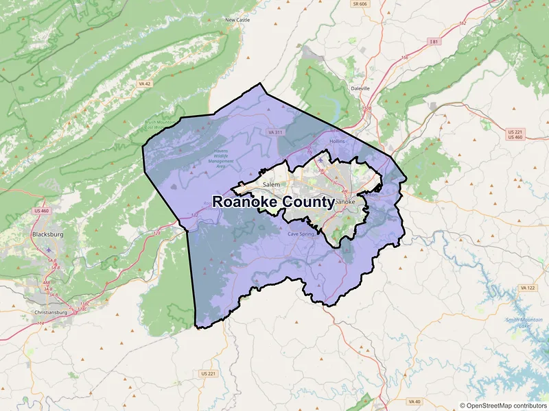 Map of Roanoke County, Virginia and ZIP codes
