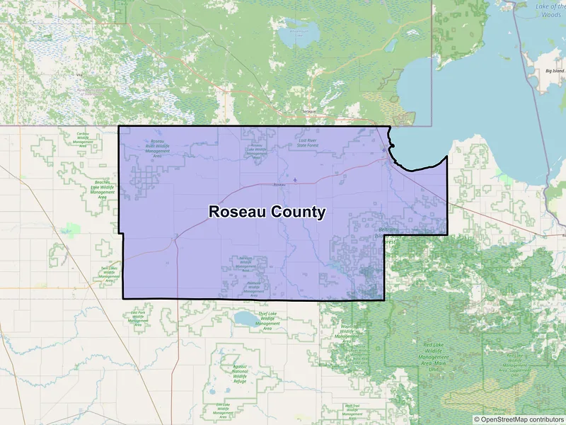 Map of Roseau County, Minnesota and ZIP codes