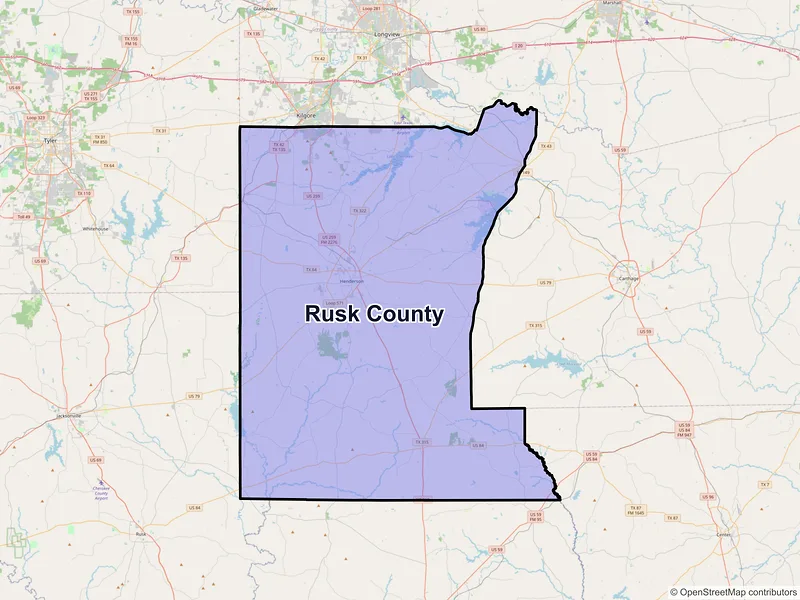 Map of Rusk County, Texas and ZIP codes