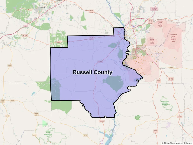 Map of Russell County, Alabama and ZIP codes