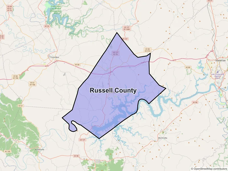 Map of Russell County, Kentucky and ZIP codes