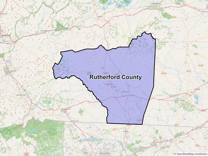 Map of Rutherford County, North Carolina and ZIP codes