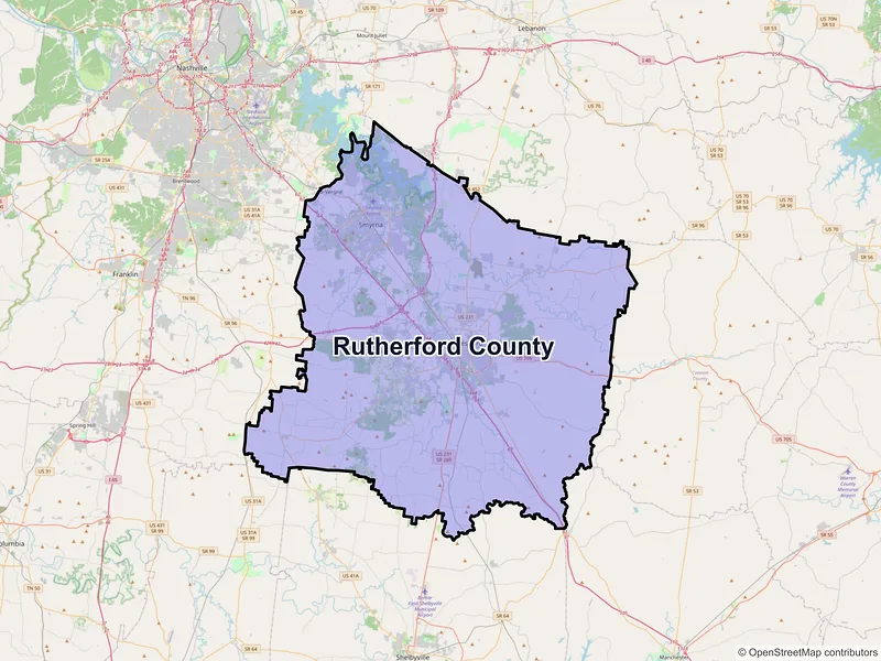 Map of Rutherford County, Tennessee and ZIP codes